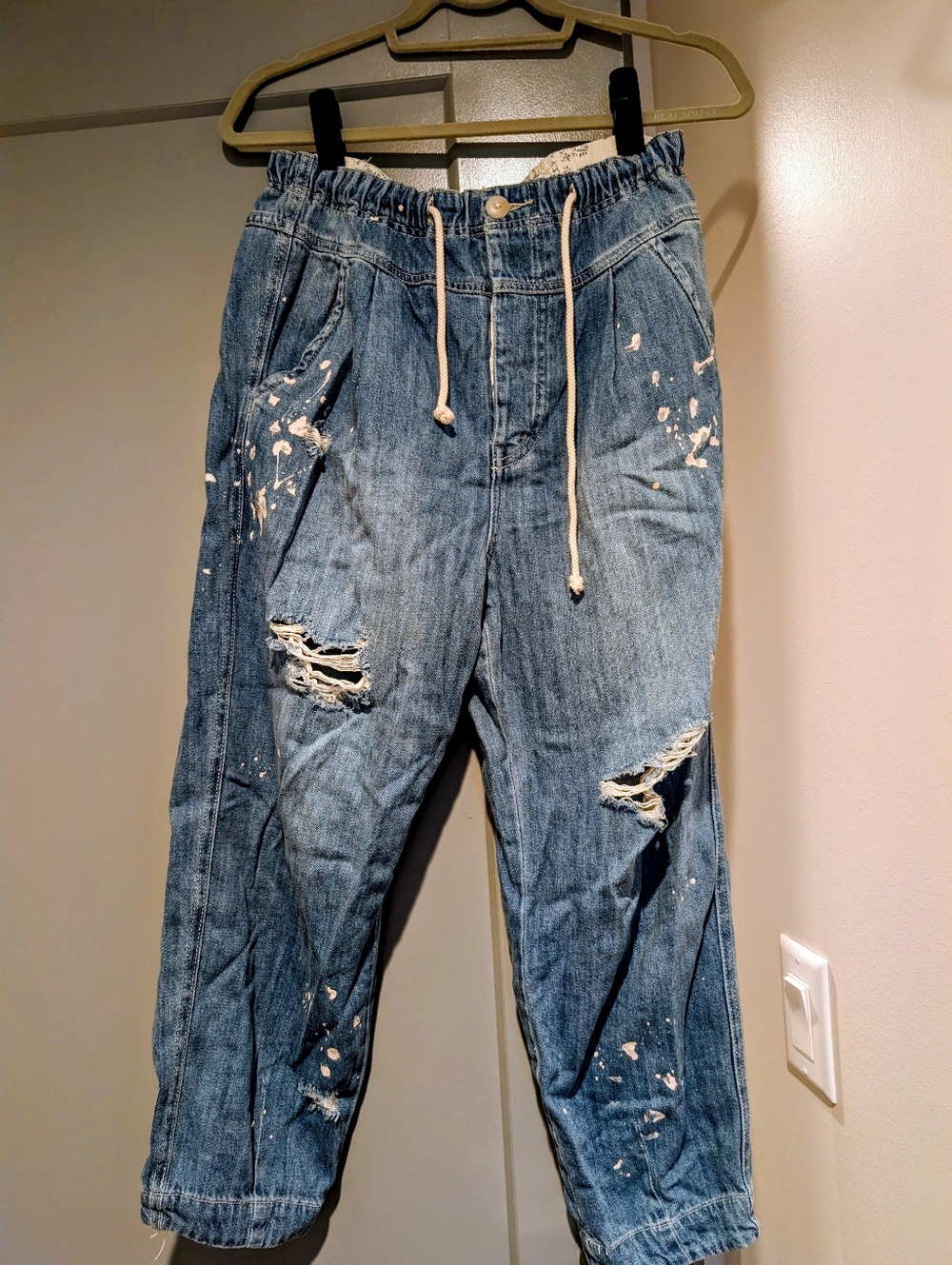 Free People Light Blue Denim Joggers with White Waistband